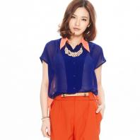 时尚撞色大翻领落肩袖雪纺衬衫 宝蓝色