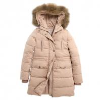 加厚欧美范连帽中长款羽绒服 藕粉色