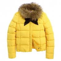 大毛领丝带短款羽绒服 亮黄色