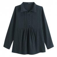 全棉色织格子花边舒适女式长袖衬衫 蕾...