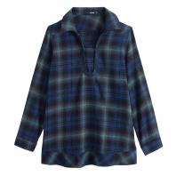 全棉色织格子格调拼接女式长袖衬衫 蓝...